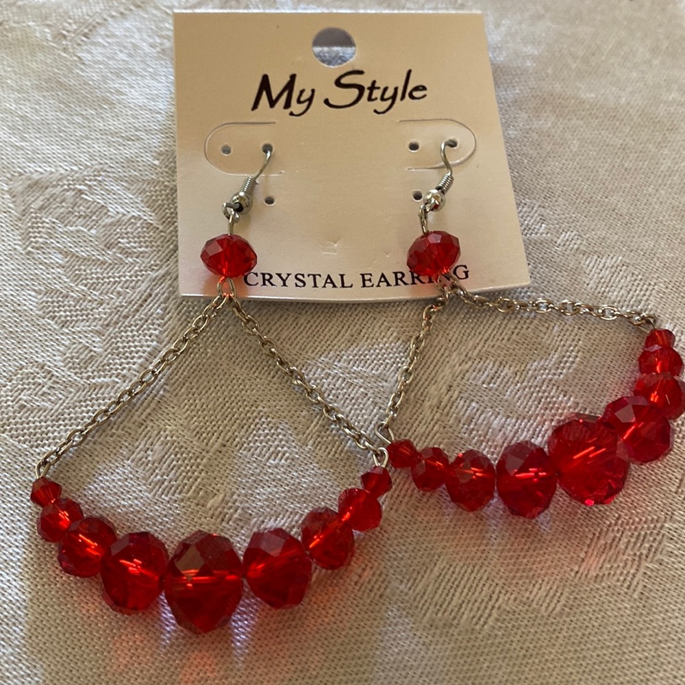 2/$12 Sale Costume jewelry red crystal earrings with silver.